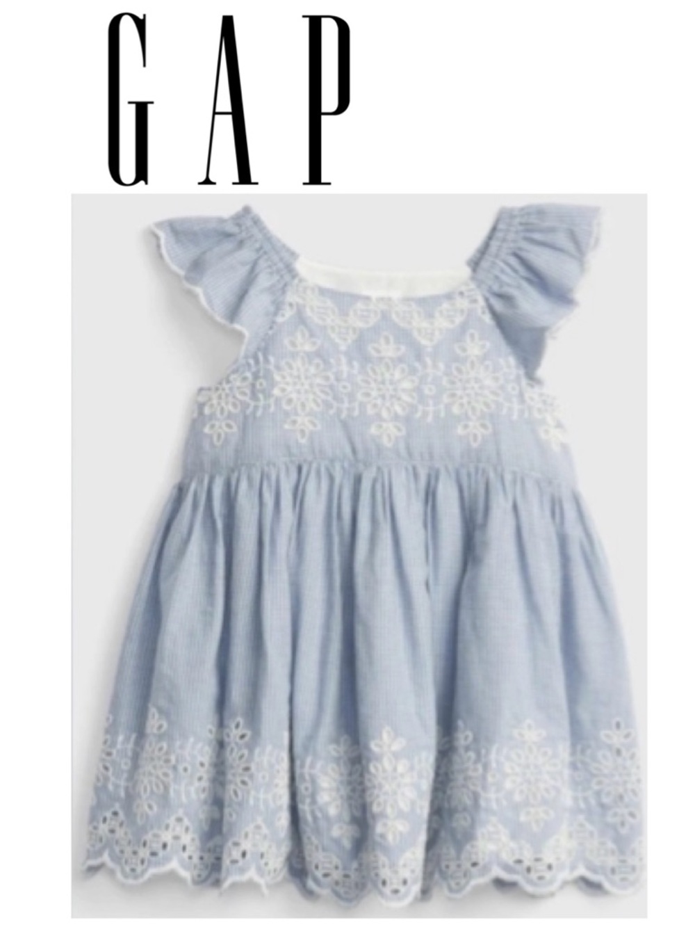 Baby GAP Eyelet Lace Dress Blue White Larkspur Lined Gingham Scallop Girl 3-6M